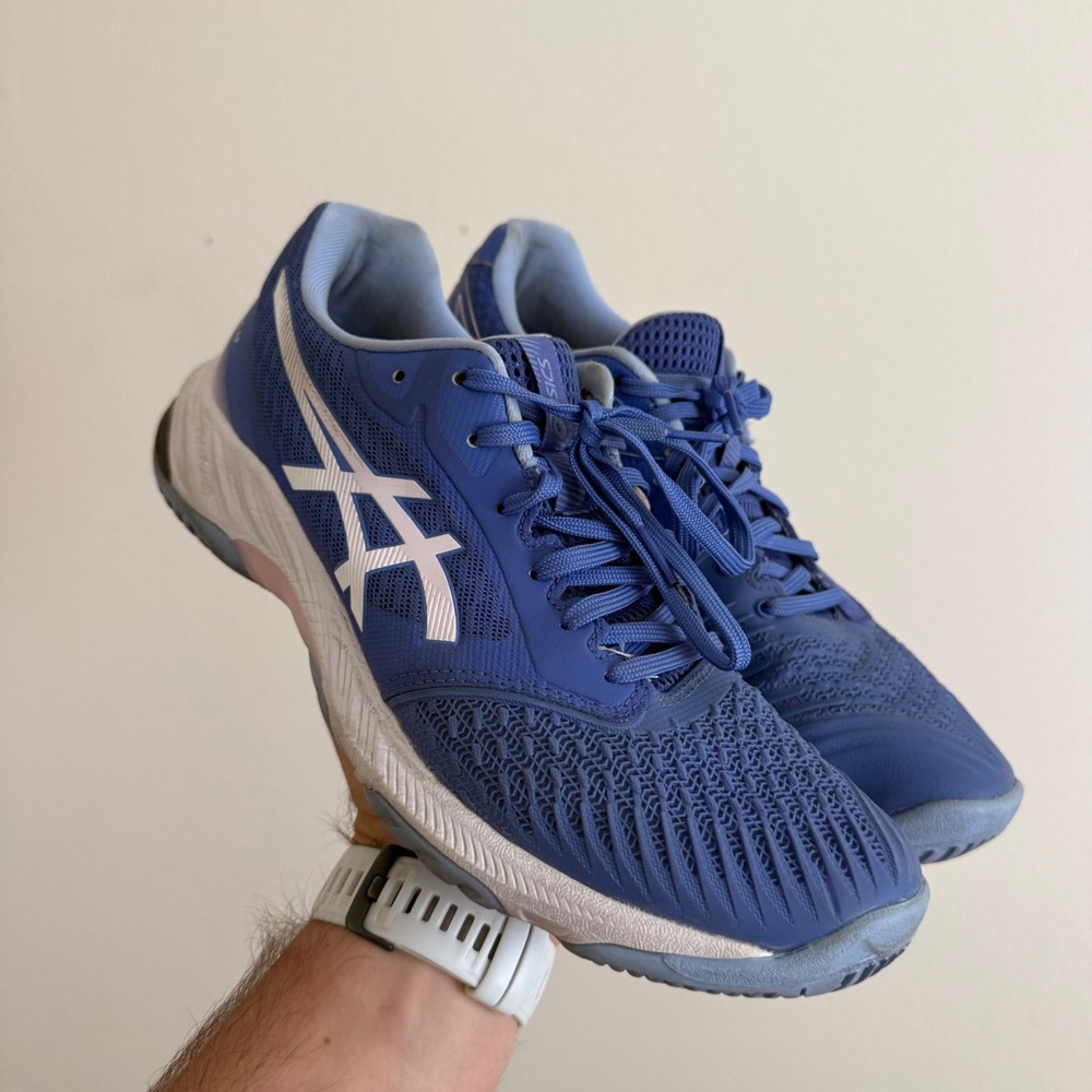 Asics Netburner Ballistic FF Blue White Volleyball Shoes 1052A069 Womens 11